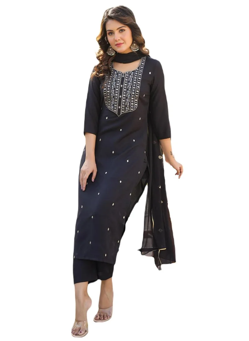 GoSriKi Women's Rayon Blend Embroidered Straight Kurta with Pant & Dupatta (Kasturi Black-GS_M_Black_Medium)